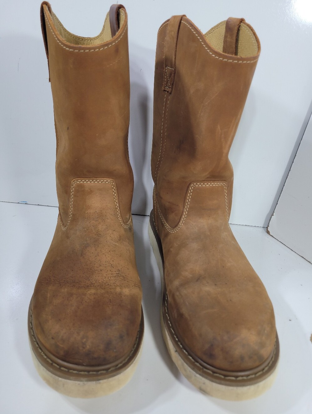 Cabelas Mens 13M Brown Leather Pull-On Wedge Sole Work Boots Wellington 2858163